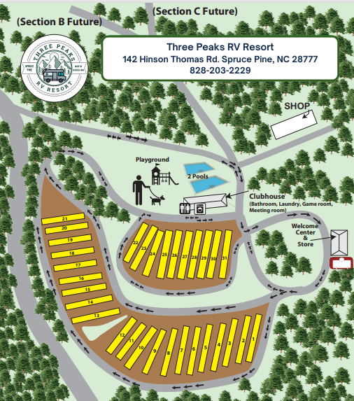 Map of Three Peaks RV Resort and Campground in Spruce Pine, NC.  Located in the Blue Ridge Mountains between Mount Mitchell, Grandfather and Roan Mountains.